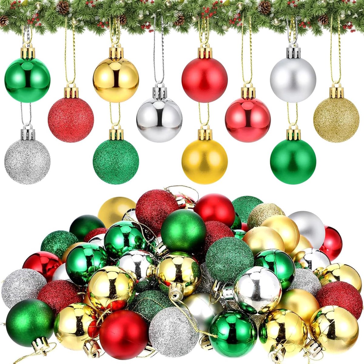 Kerstballen van kunststof, 96 stuks, 2 cm, kerstballen, kleine kerstballen, ornamenten met riem, kerstboom, decoratie, kerstboom, voor feest, bruiloft, verjaardag