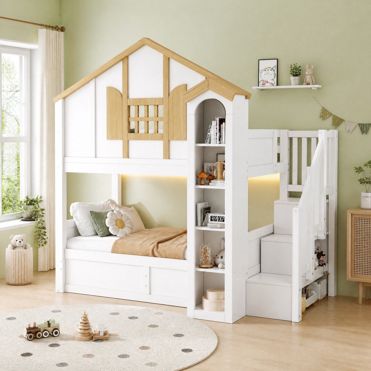 REDOM Stapelbed - Hydraulisch opklapbaar onderbed - Opbergtrap en LED-verlichting - Kasteelstijl - Kinderkamer - Hout en MDF - Wit - 253 x 122 x 228 cm
