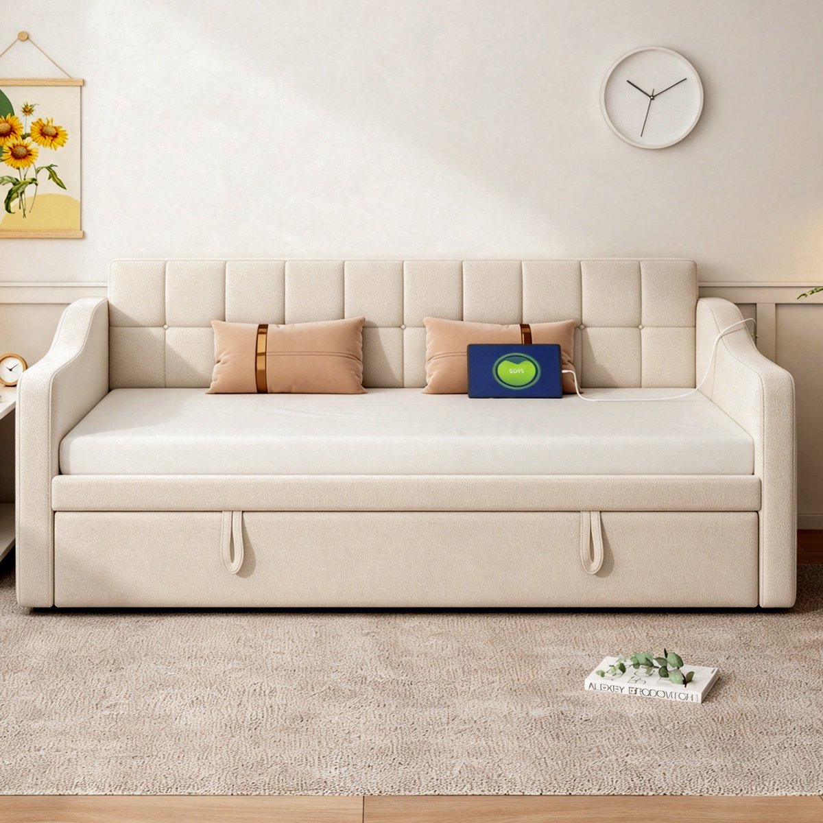 VVBV Slaapbank 1 Persoons 90x190 – Bedbank van Upholstered met Opbergruimte, Lades, Lattenbodem, USB en Stopcontact – Modern Design – Beige
