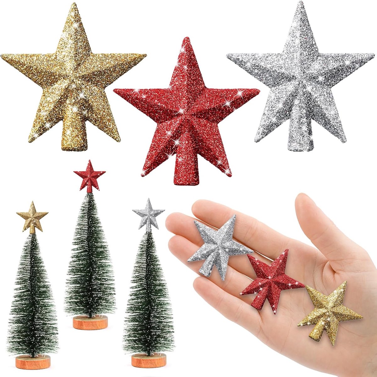 6 cm kerstster, mini-kerstboompiek, kleine kerstboompiek, mini-sterren voor de decoratie van de kleine kerstboom (6 cm glitters: rood goud zilver)