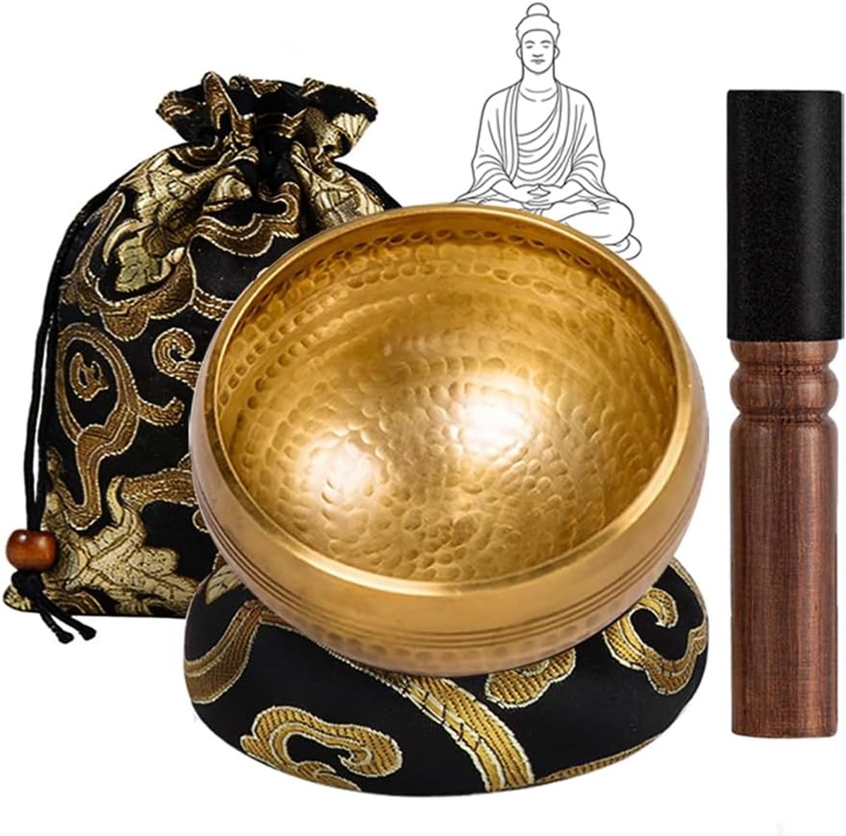 Kom, 8 cm, Tibetaanse kommen, 7 metalen met houten lepel, basis en stoffen tas, klankschaal voor meditatie, yoga, chakra's en ontspanning