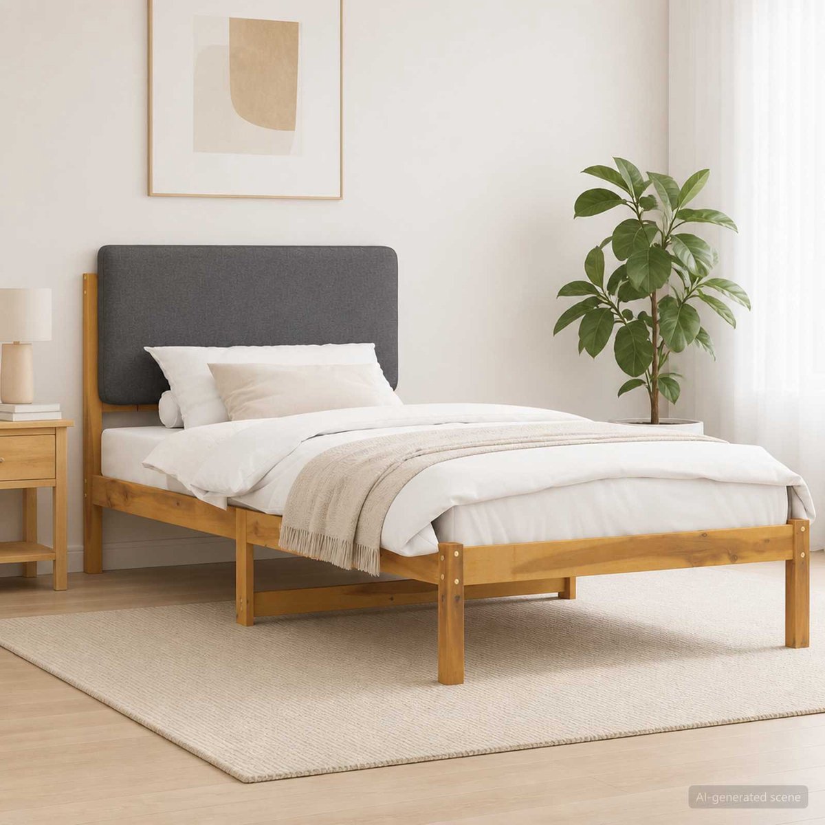 vidaXL Bedframe - met - gestoffeerd - hoofdbord - Whitewash - en - lichtgrijs Whitewash en lichtgrijs