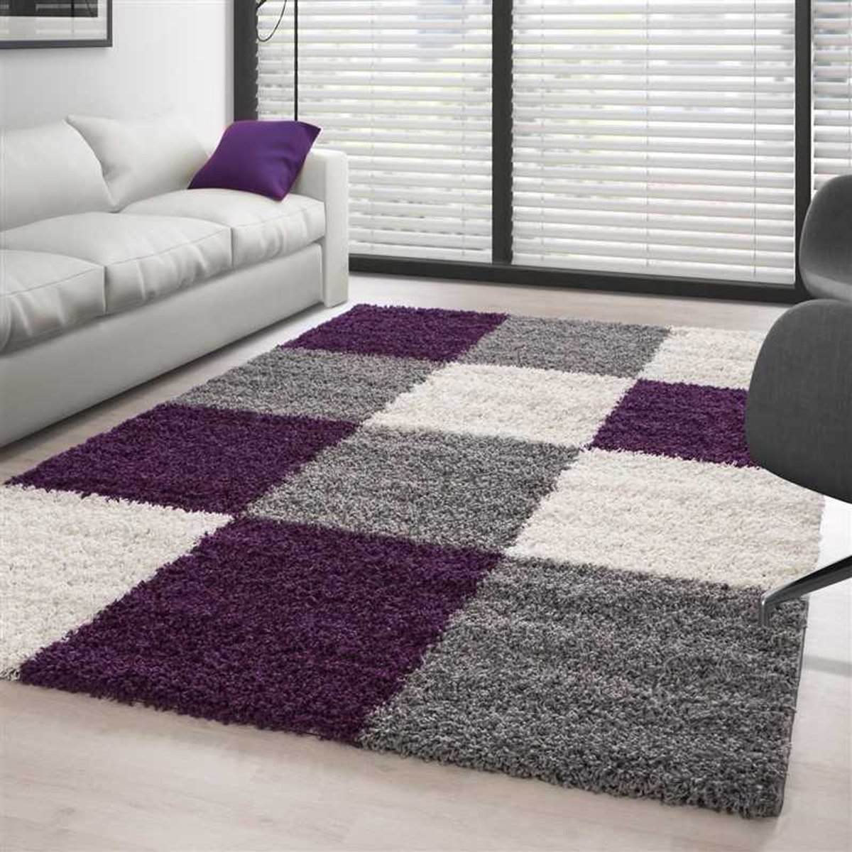 TapisTrend Harig tapijt Paars-Wit-Grijs 80x250 cm Een hoogpolig vloerkleed met een ruitpatroon, verkrijgbaar in verschillende kleuren en maten