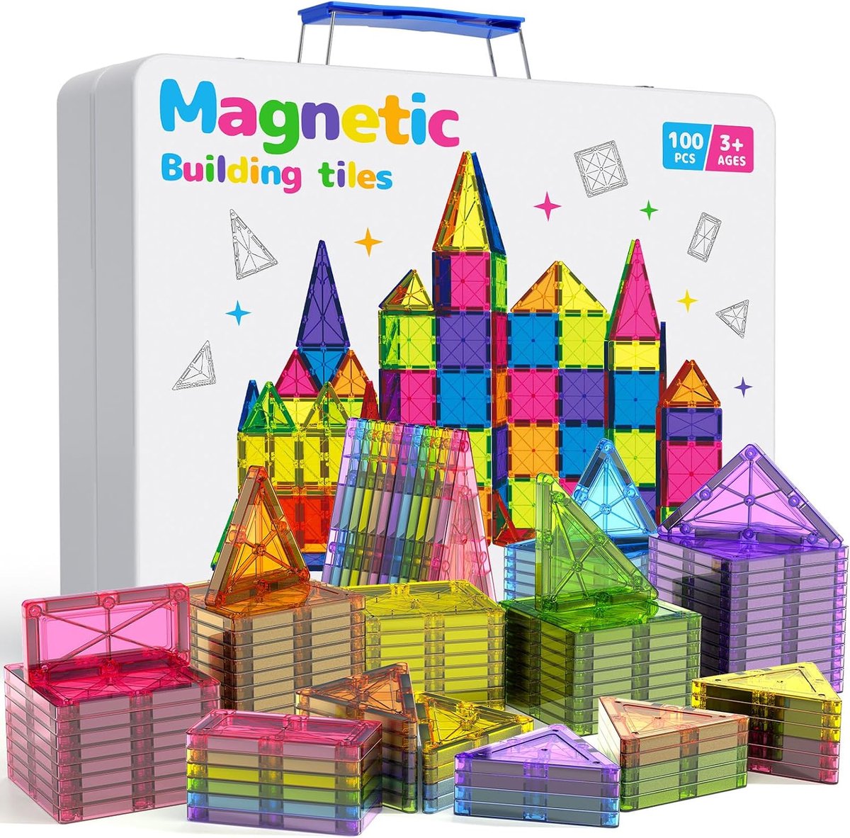 Magnetische bouwstenen, 100 grote magnetische tegels met metalen doos voor jongens en meisjes van 3 tot 12 jaar, Stem educatief speelgoed, verjaardags- en kerstcadeaus.