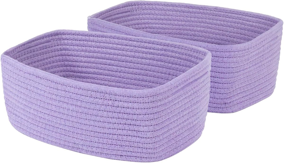 Touwmand 33 x 21,6 x 13 cm, geweven opbergmanden kastorganisatorbakken, plankdozen voor het organiseren van thuiskantoor, kattenhondenspeelgoeddoos, lege geschenkmand, 2 stuks, paars