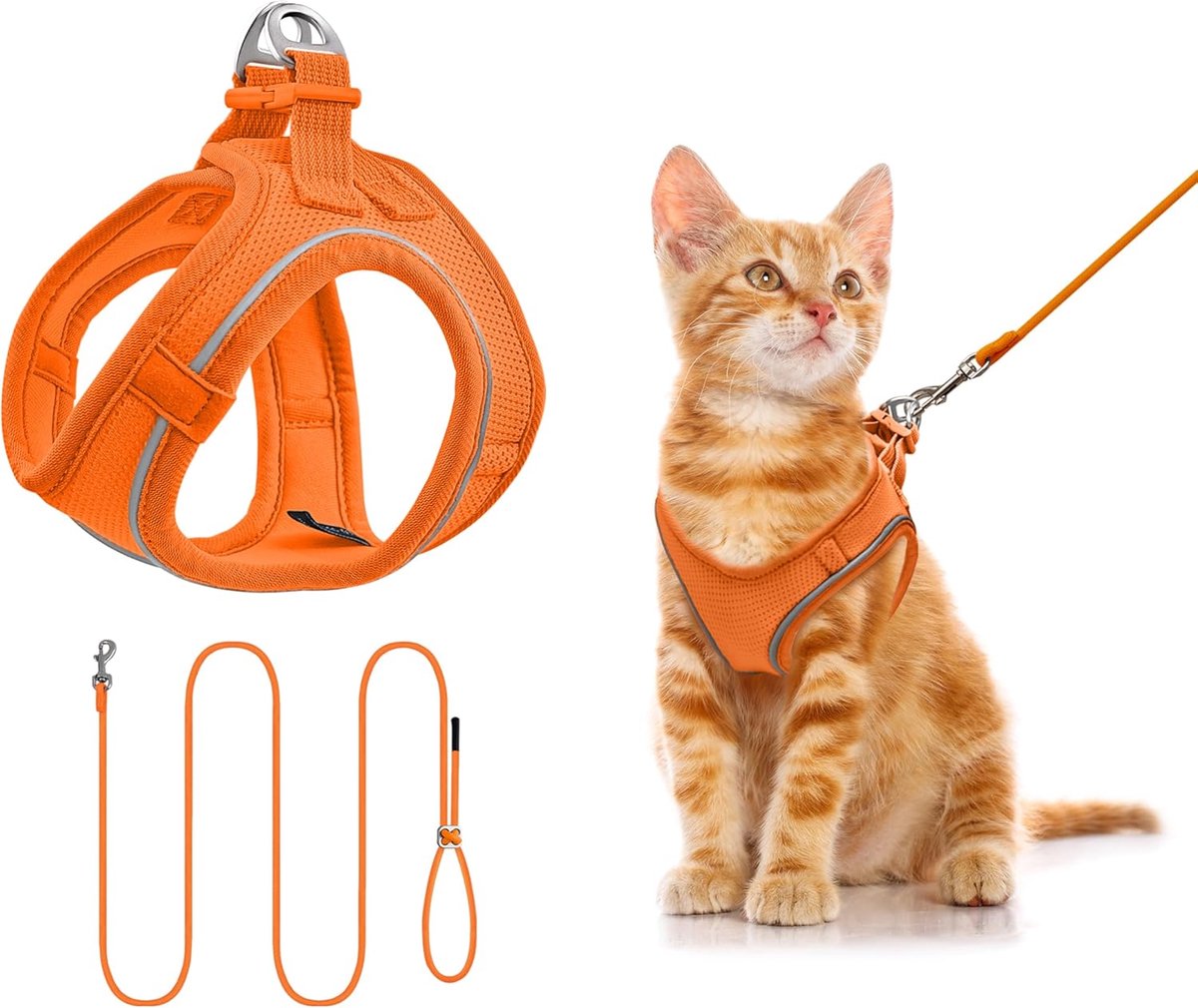 Kattenharnas met riem, puppyharnas met wandelriem (XS, oranje)