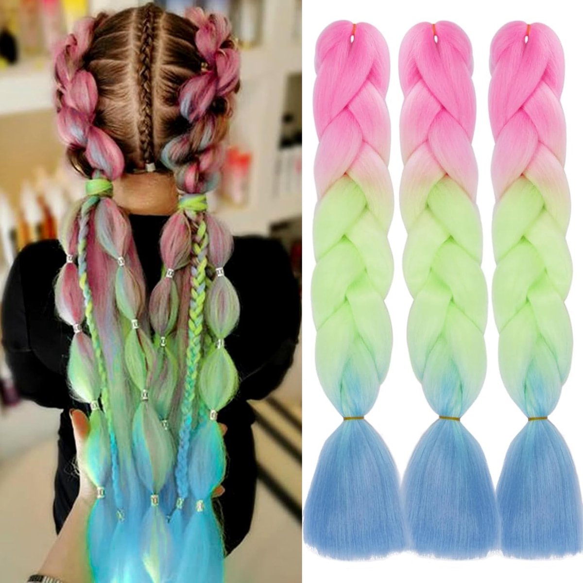 Ombré Jumbo haarverlenging, hittebestendig kunsthaar, voor boxvlechten, 61 cm, roze/groen/blauw, 3 stuks
