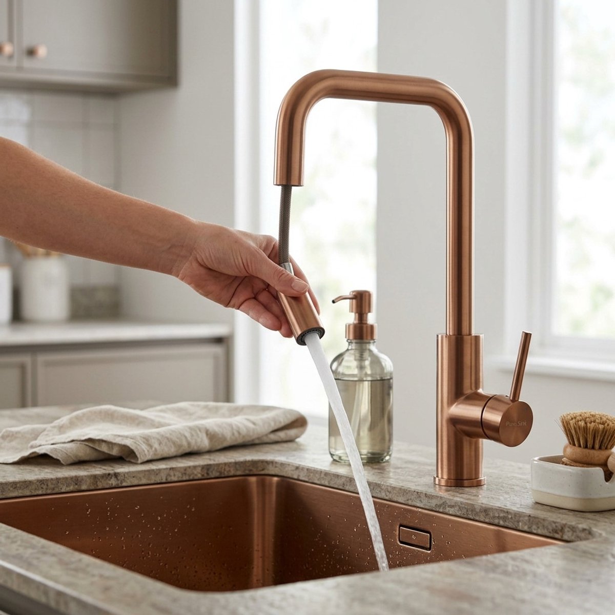 Koperen keukenkraan uittrekbare uitloop PLXSQUA-62 Pure.Sink