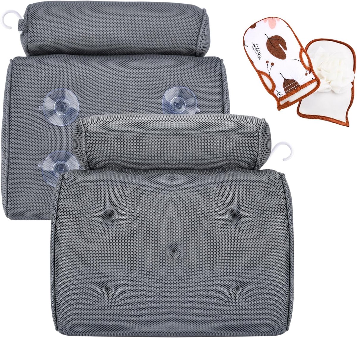 Badkussen Voor Rug En Nek, Ergonomisch, Antislip, Met 4D Air Mesh En 5 Bekers, Voor Badkuip En Thuisspa (Met Badhandschoen)