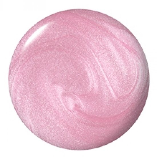 Een ronde dot van glinsterende, lichtroze nagellak met parelmoerachtige swirls.
