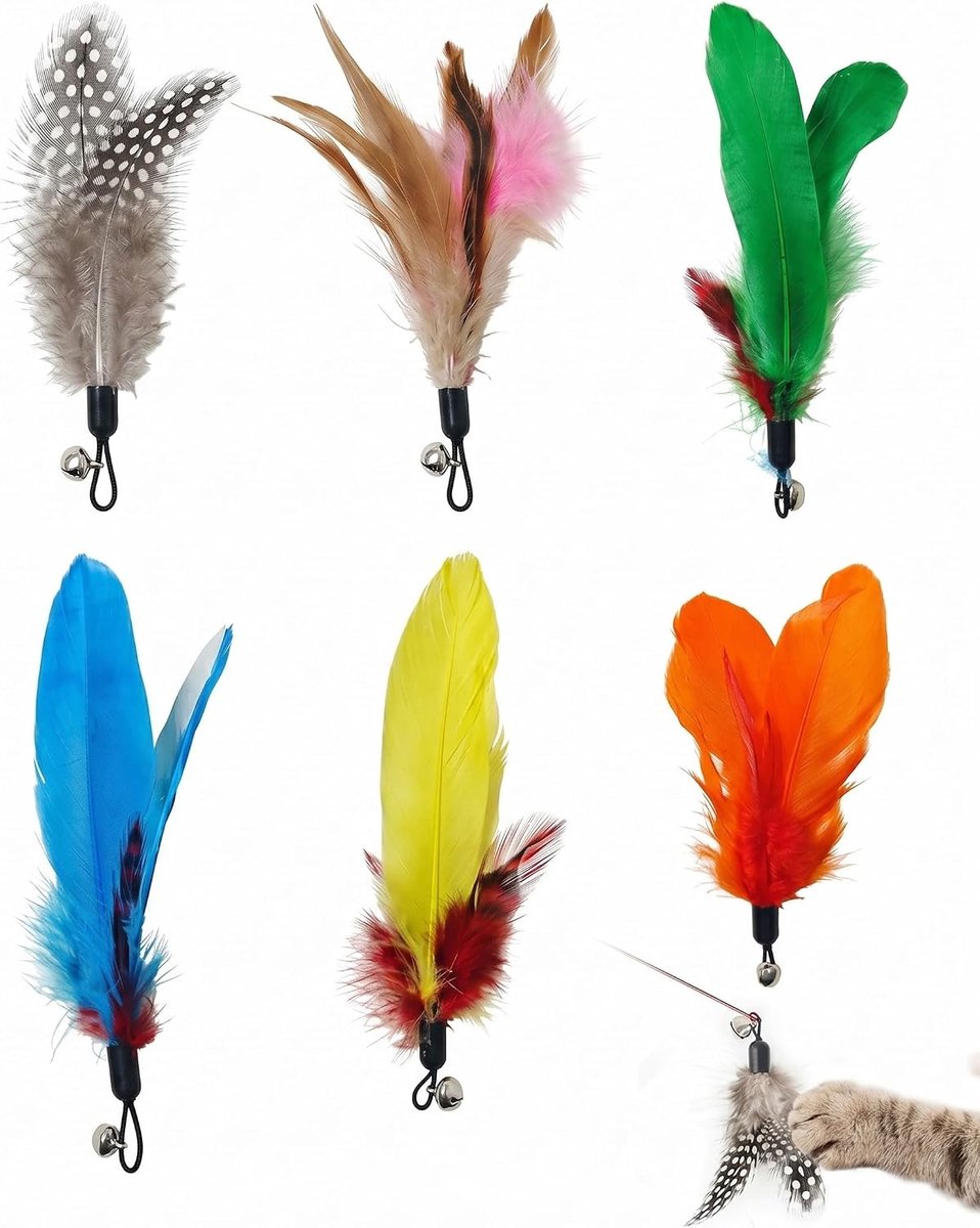 Reserveonderdelen voor kattenhengel, 6 stuks, reservekoppen met veren, 6 verschillende modellen voor interactieve spellen, stimuleert het jachtinstinct tegen verveling