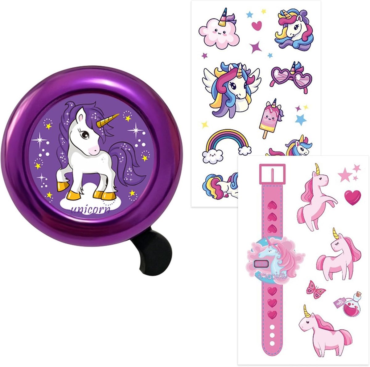 Fietsbel voor meisjes, eenhoorn, paars, met 2 glitterstickers voor helm, fiets en arm, sterke trompet voor fiets, balansfiets en scooter