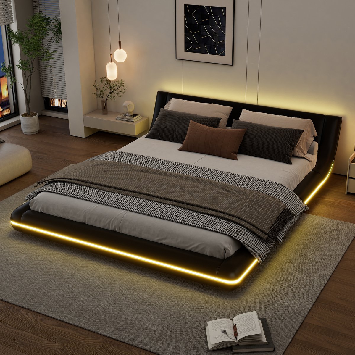WUVRIE Tweepersoons bedframe 160x200 cm met LED-verlichting en lattenbodem, zwart