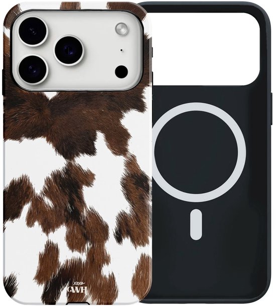 Telefoonhoesje met koeienhuidprint, met camera-uitsparingen en MagSafe-compatibel.