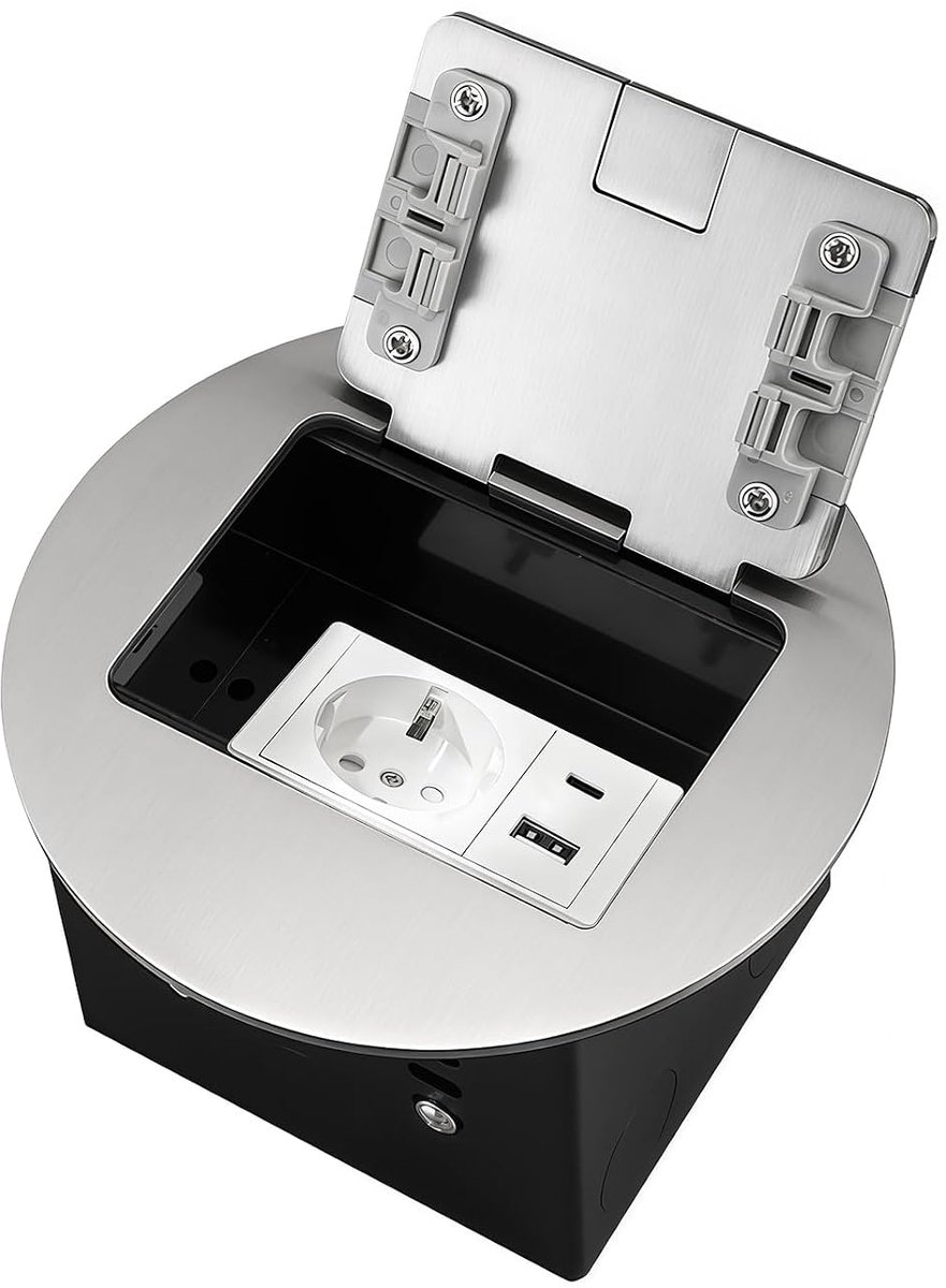 Vloercontactdoos met USB A+C - RVS inbouwdoos met deksel - Waterdicht en onopvallend - Ideaal voor werkoppervlak - ShopVlot