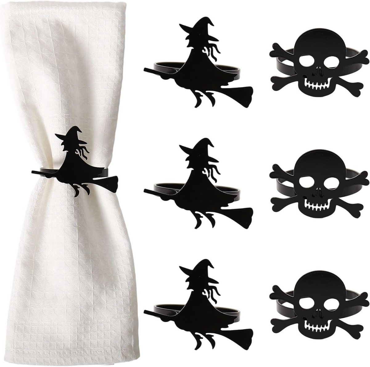 12 Pcs Halloween servetringen - mix van zwarte heks‑ en schedelmotieven van duurzame legering - handgemaakte tafelaccessoire voor Halloween‑tafeldecoratie