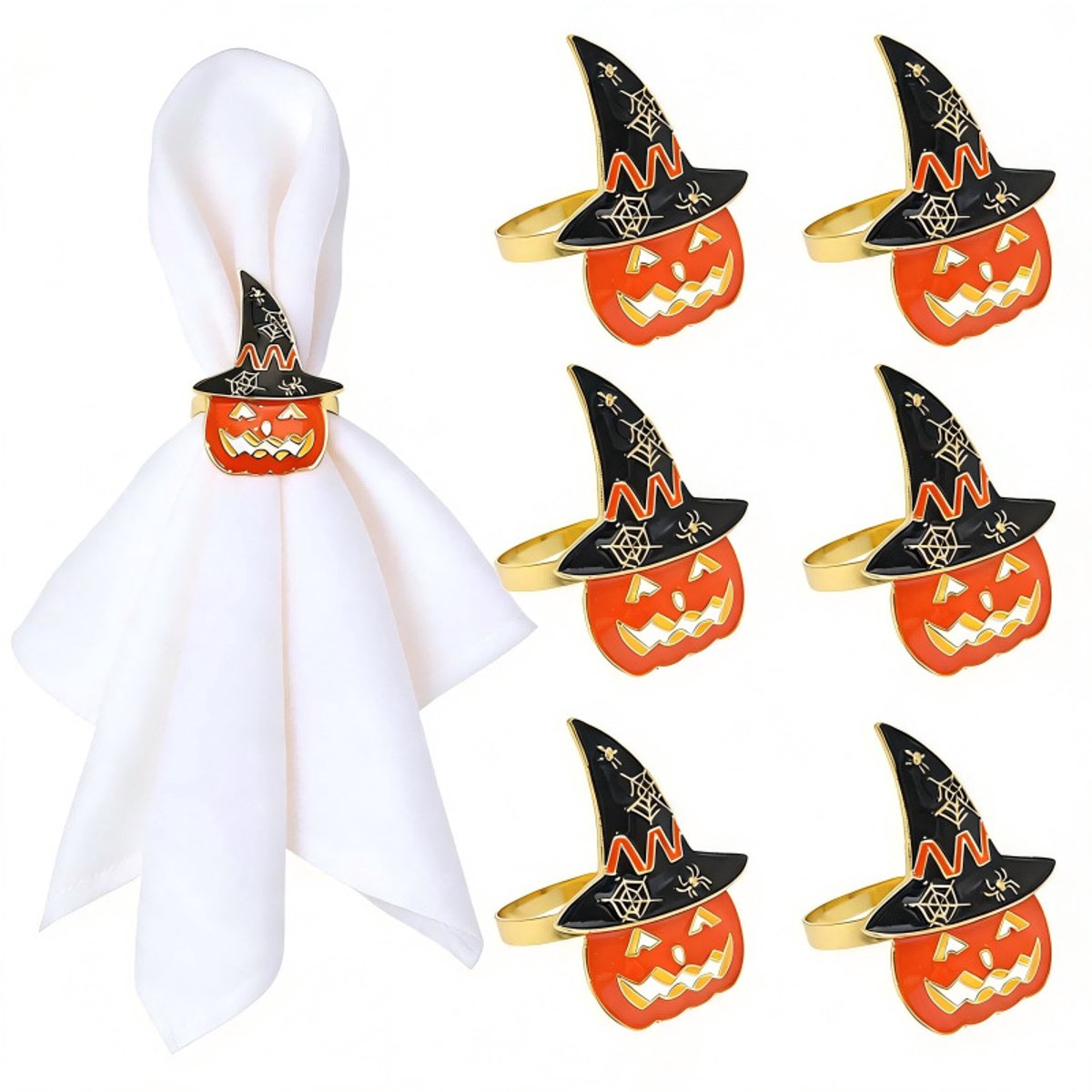 6 stuks Halloween servetringen - Servethouders met oranje pompoen en zwarte heksenhoed - Decoratieve tafelaccessoires voor Halloween diner en feestelijke tafeldecoratie