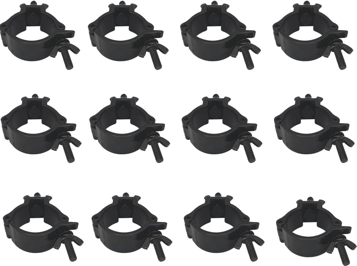 Traverse Clamps Set of 12 Black Aluminium Cross Hooks for Stage Lighting 48-52 mm Tube Size, Click Mechanism for LED - ShopVlot