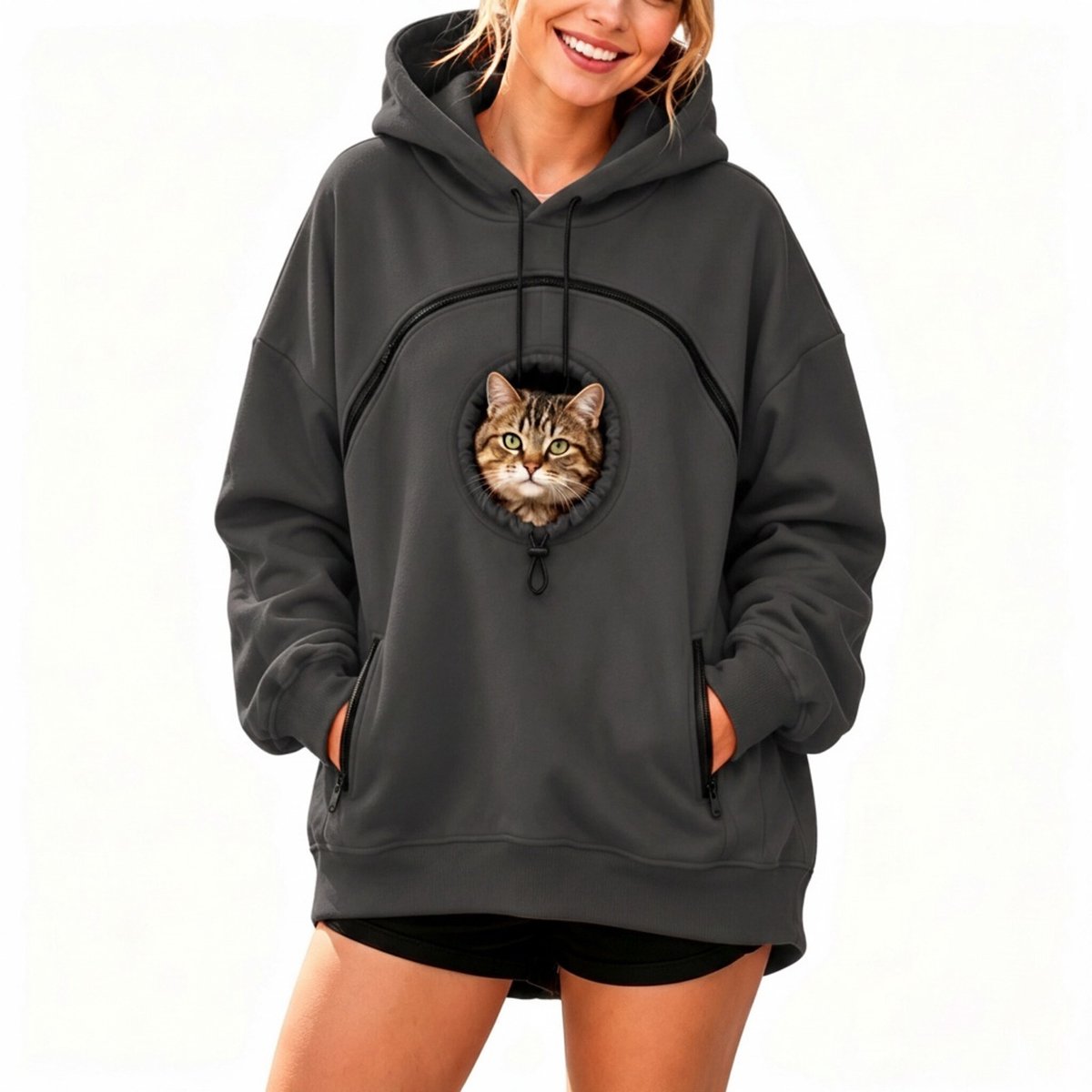 Hoodie voor huisdieren - met zakken - grijs - 1 stuk - maat L - fleecegevoerd - geschikt voor dagelijks gebruik en uitstapjes