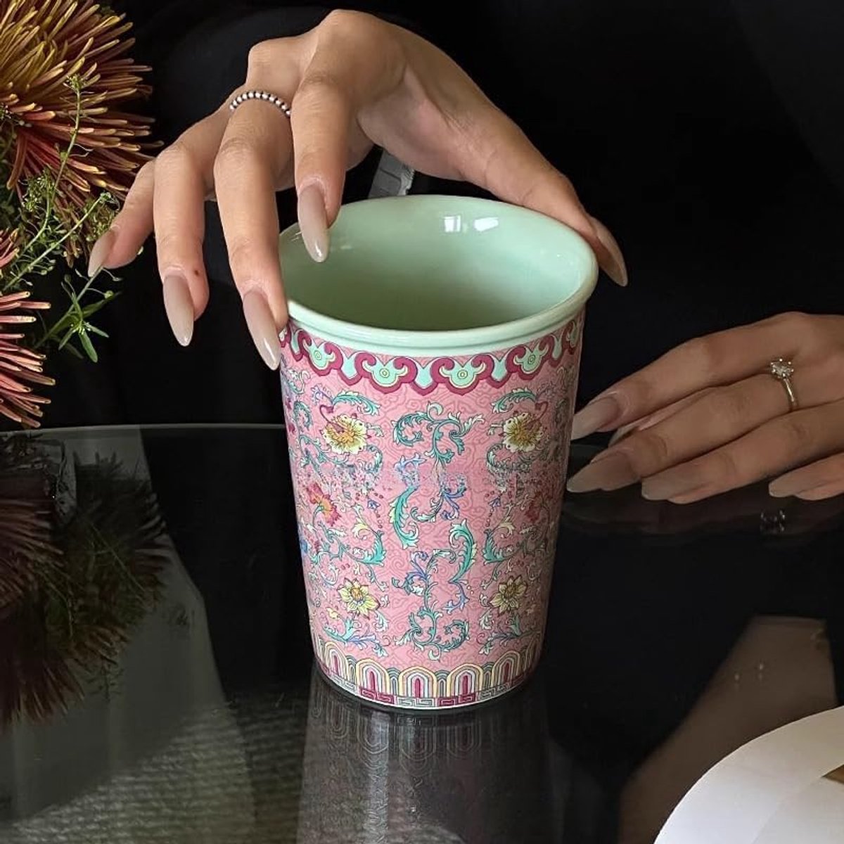 Mok van keramiek 370 ml, retro Chinese stijl met roze bloemenprint, geschikt voor koffie en thee