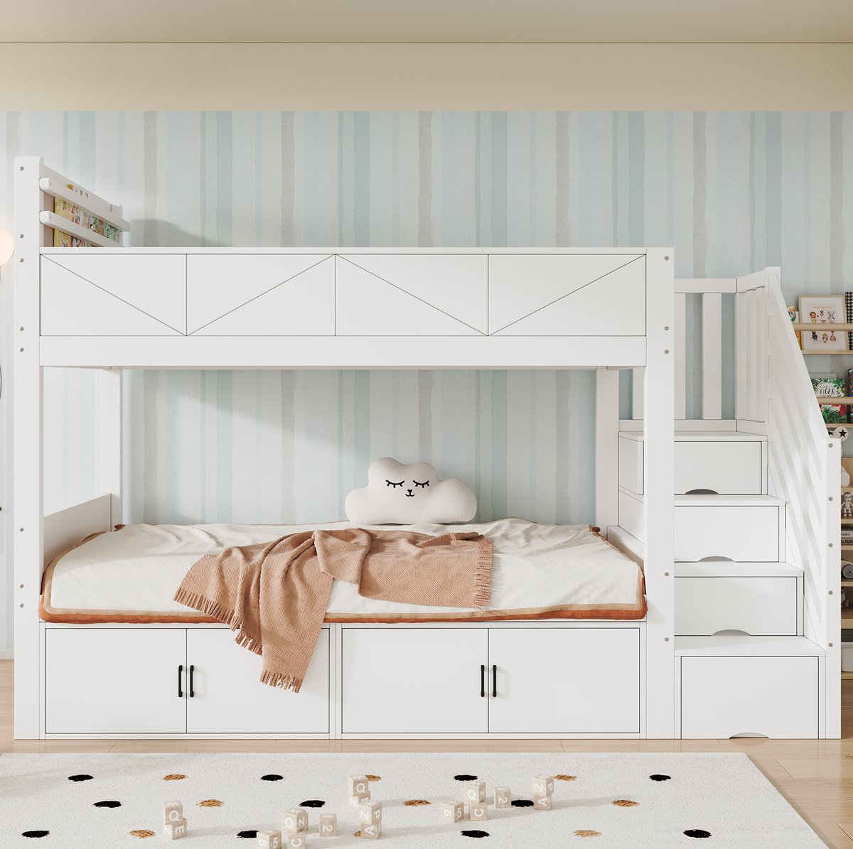 DESMIU Stapelbed 90x200 cm – Kinderbed Met Opbergtrap – Kastvakken En Veiligheidsrand – Houten Design – Wit – Zonder Matras