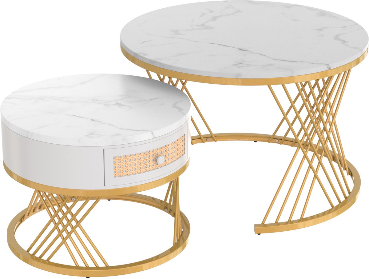 Ropilly Ronde Salontafel Set - Marmerlook met Rotan Lade - MDF en Metaal - Woonkamer - Wit met Goud