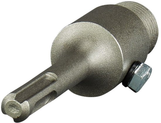 Schuine aanzicht van metalen SDS-Plus adapter met bevestigingsbout.