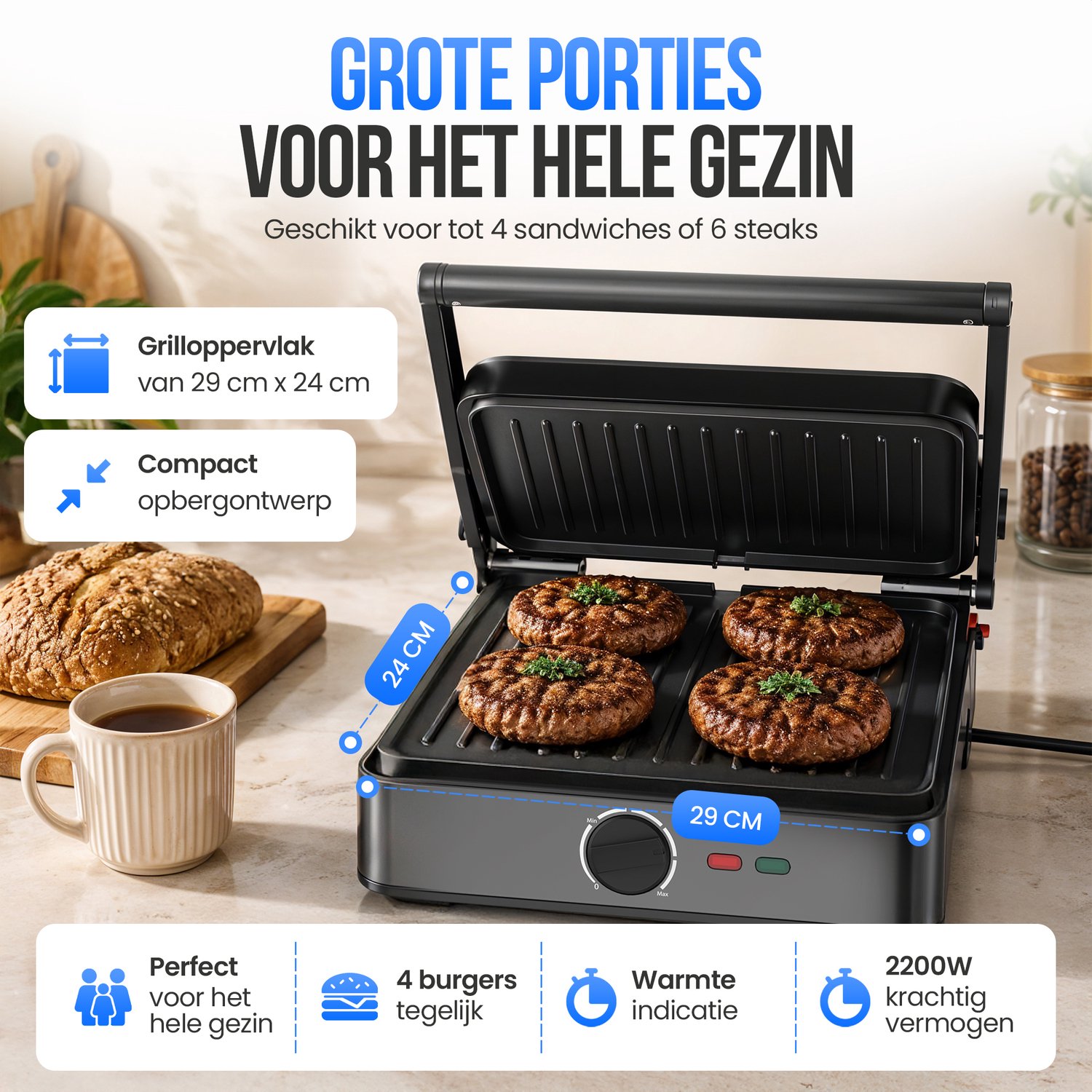 Strex Tosti Apparaat XL Zwart - Met Temperatuurregeling - Contactgrill Groot / Tosti Ijzer / Broodrooster / Grill Apparaat / Panini Grill / Toaster - 2200W thumbnail 2