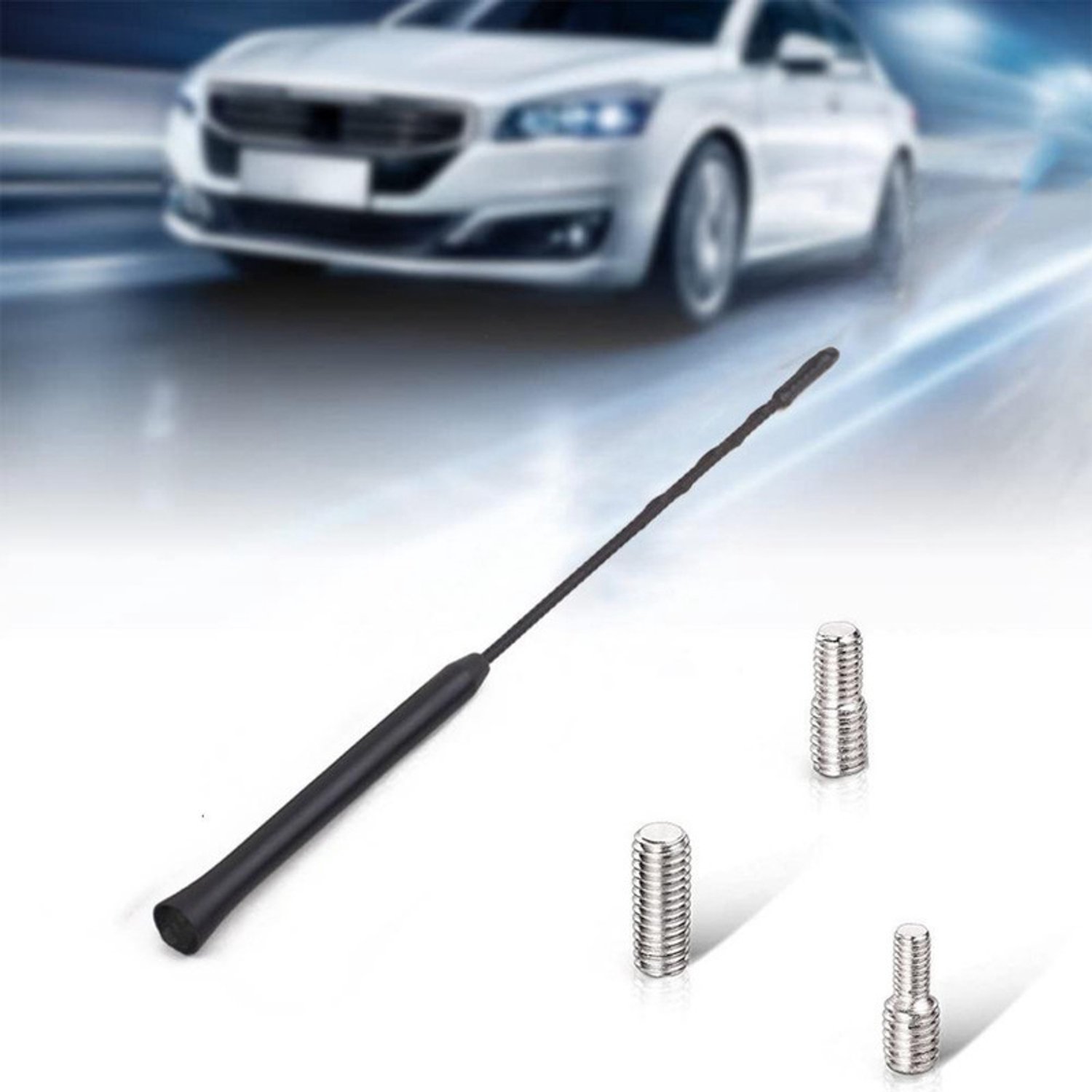Autoantenne – 28 x 1,5 x 1,5 cm – Universele dakantenne – AM/FM-antennespriet – Vervangende antenne – Flexibele radioantenne – Universele AM/FM-dakantenne voor personenauto's en vrachtwagens – 3 schroeven: types M4, M5 en M6