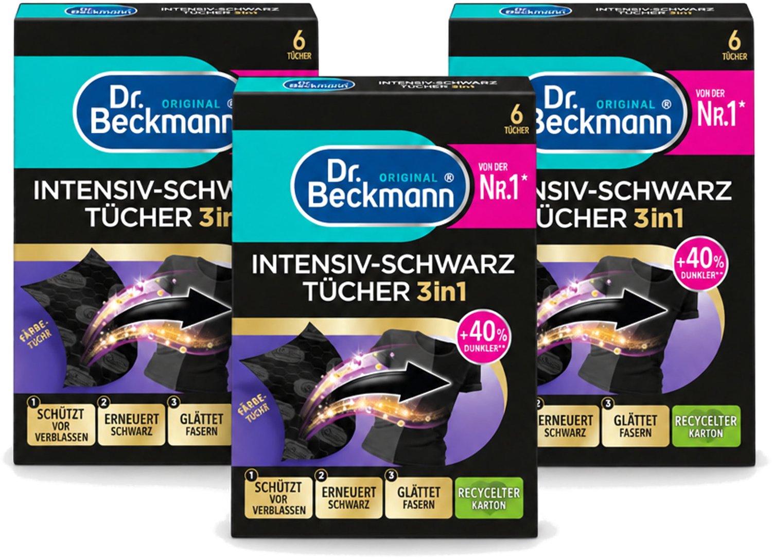 3 x Dr. Beckmann - Kleurverzorging - Intensive Black 3 in 1 - Donkere Was - 6 Doekjes - Voordeelverpakking - 3 stuks