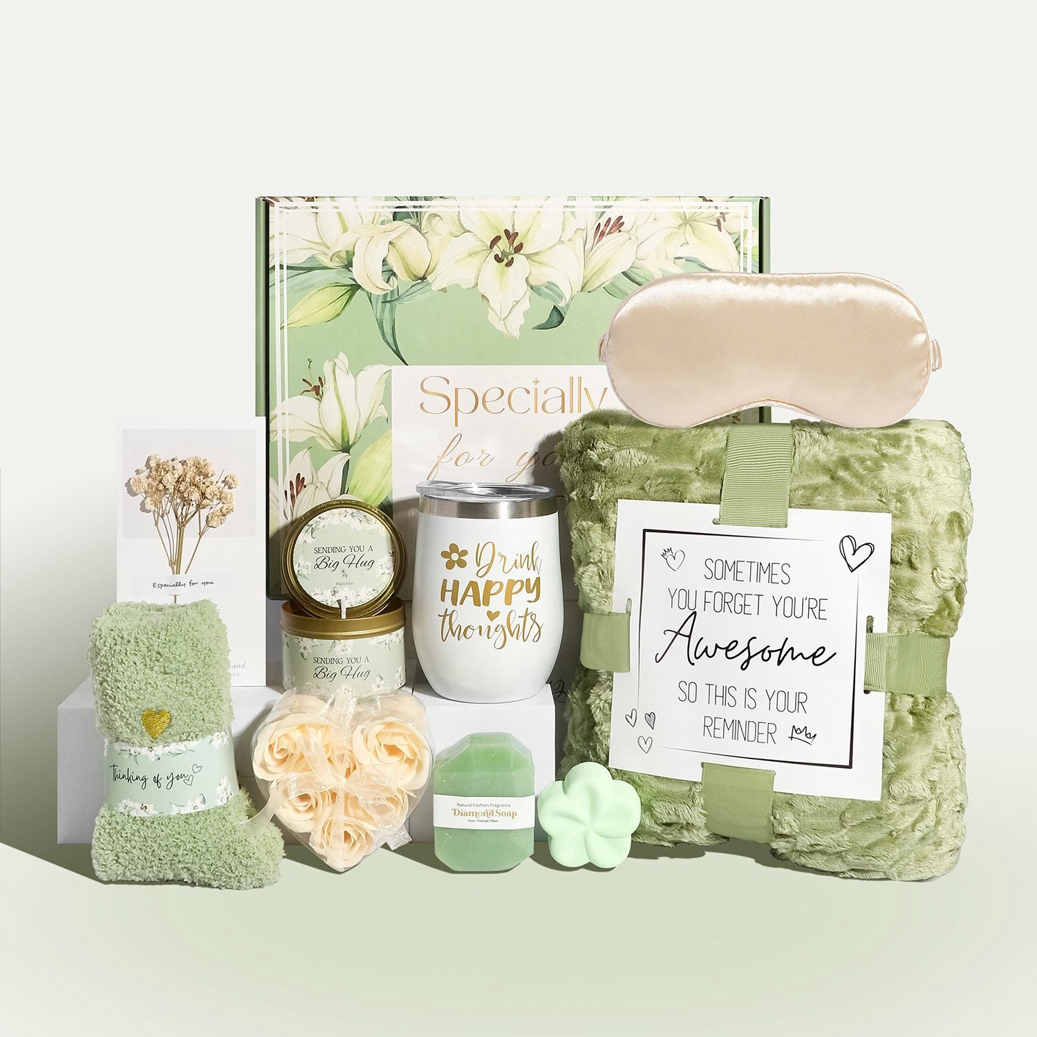 Cadeaupakket voor vrouwen - 10-delig - met flanellen deken en thermosbeker