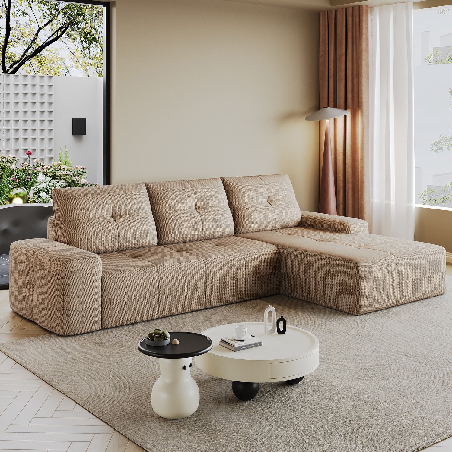 REDOM Hoekbank 262 x 172 cm - Stof met schuimvulling - Khaki