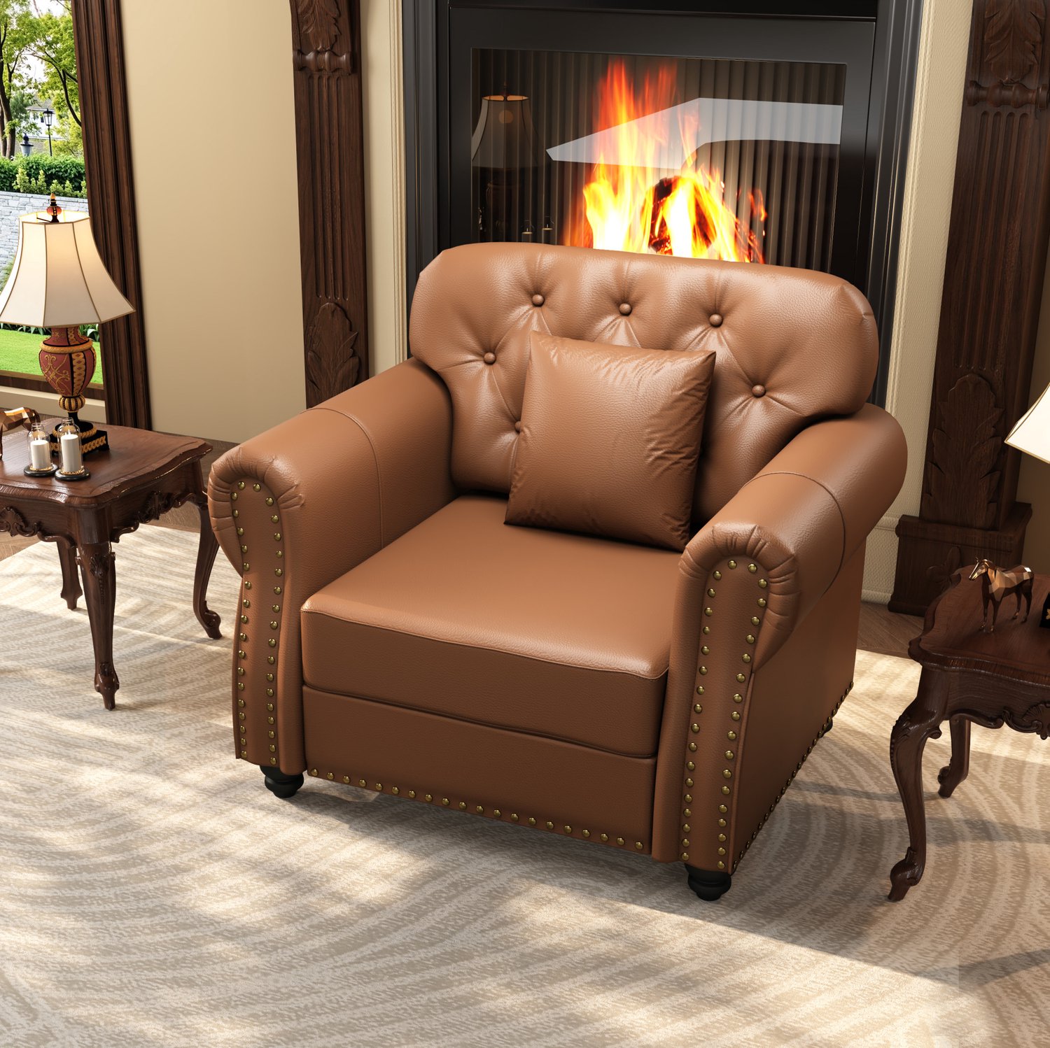 REDOM Chesterfield fauteuil 105 x 76 x 86 cm - Kunstleren bekleding en kussen - Bruin