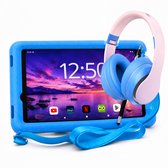 Tablette enfant bleue de 8 pouces avec sangle, stylet et casque audio rose et bleu.