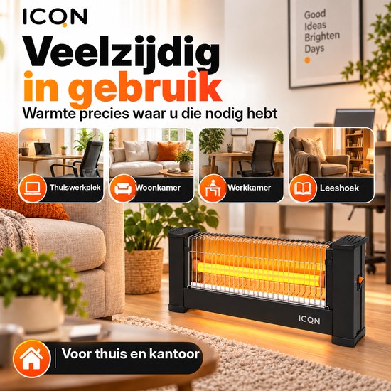 Zwarte infraroodkachel in een woonomgeving, veelzijdig voor kantoor, woonkamer en leeshoek.