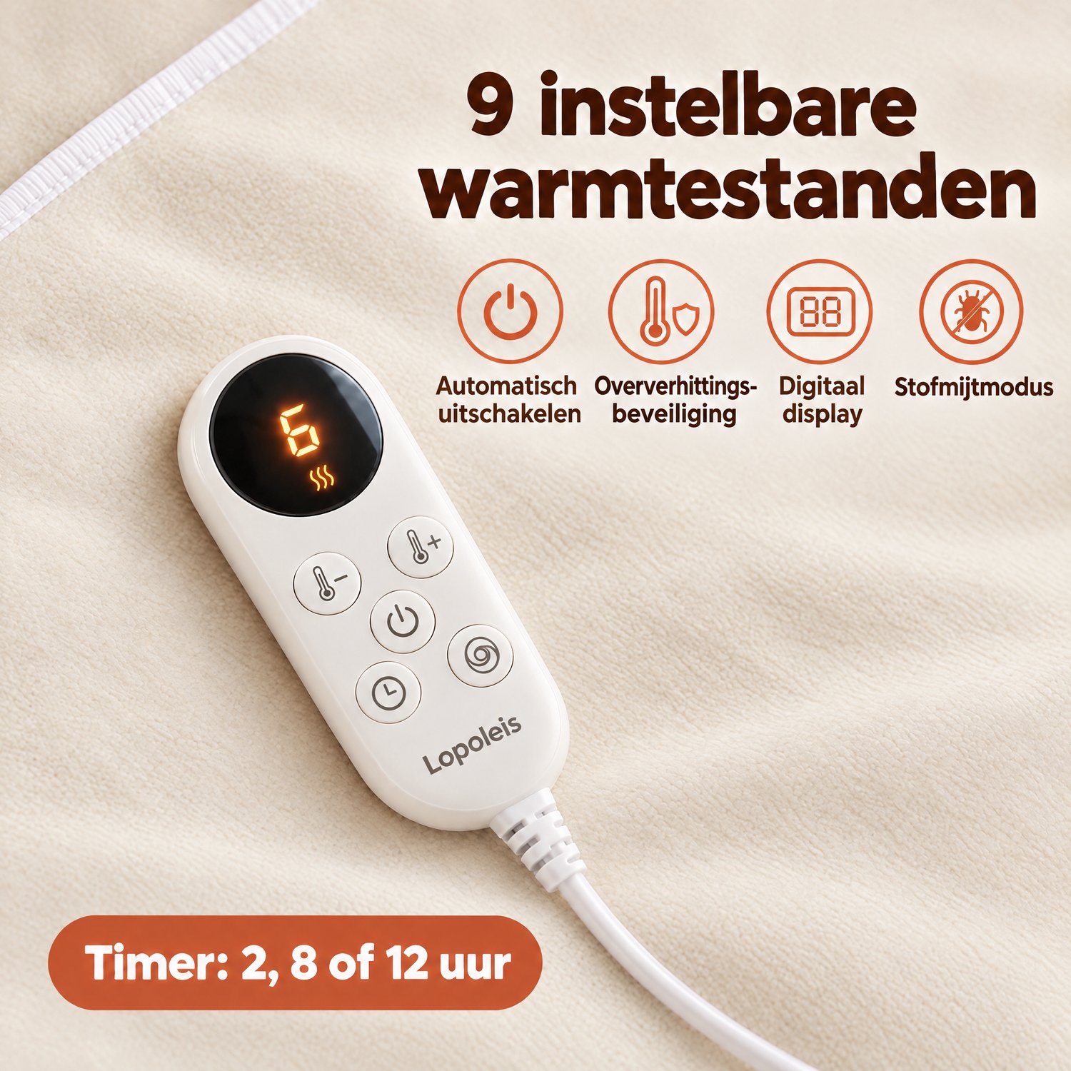 Lopoleis Elektrische Onderdeken 1-persoons – warmtedeken – 180 x 80 cm – 9 warmtestanden – Timer – Stofmijtmodus – Wit – foto 7