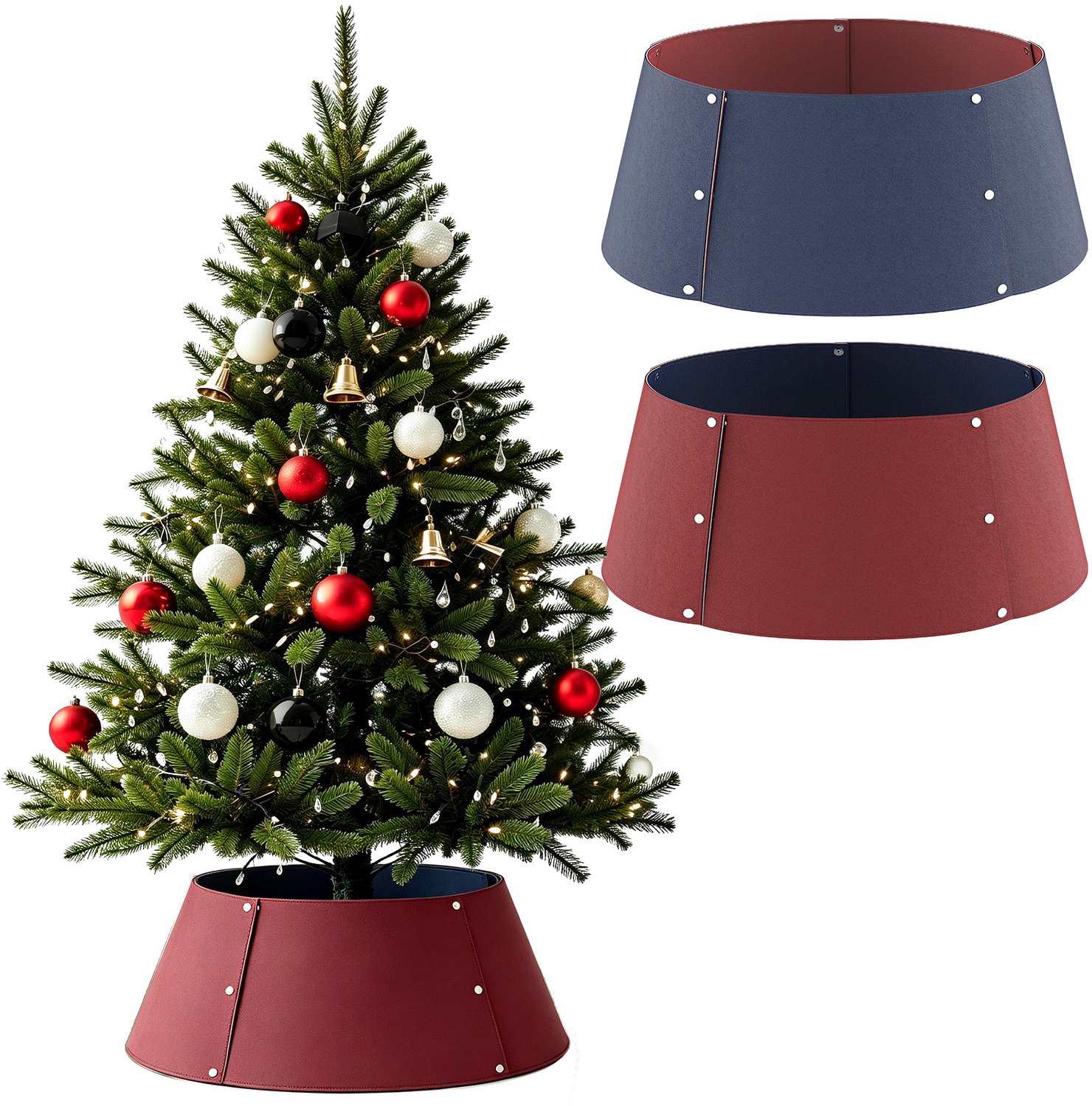 Soontrans Kerstboomkraag van Kunstleer, Omkeerbare Kerstboomstandaard Hoes in 2 Kleuren, Verstelbare Kerstboomvoet Afdekking tot 60 cm, Stijlvolle Kerstdecoratie, Donkerrood en Donkerblauw