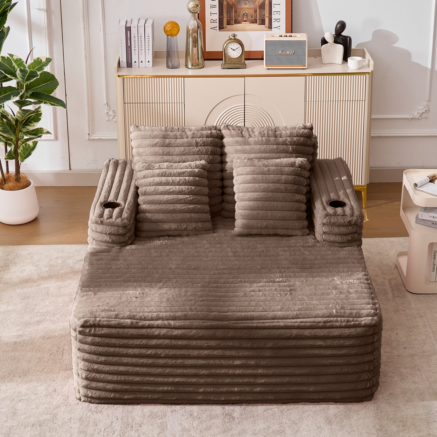 MIVRAY Chaise Longue 135 Bij 128 Bij 86 cm - Zacht Kunstbont Met Bekerhouders - Voor Woonkamer En Speelkamer - Bruin