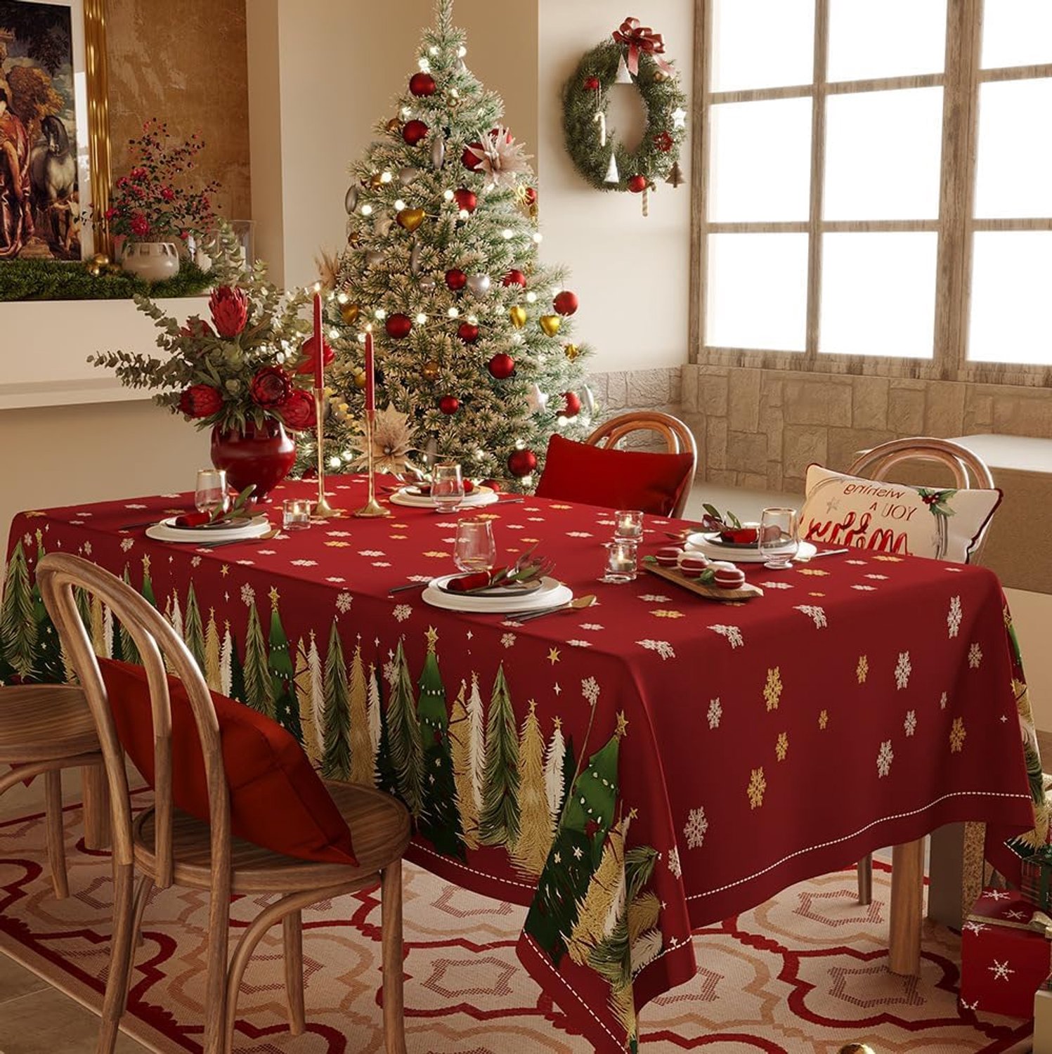 Waterbestendig rechthoekig kersttafelkleed – elegant tafelkleed voor de feestdagen, perfect voor kerst- en nieuwjaarsdecoratie, eenvoudig te reinigen (60 x 60 inch / ca. 152 x 152 cm)