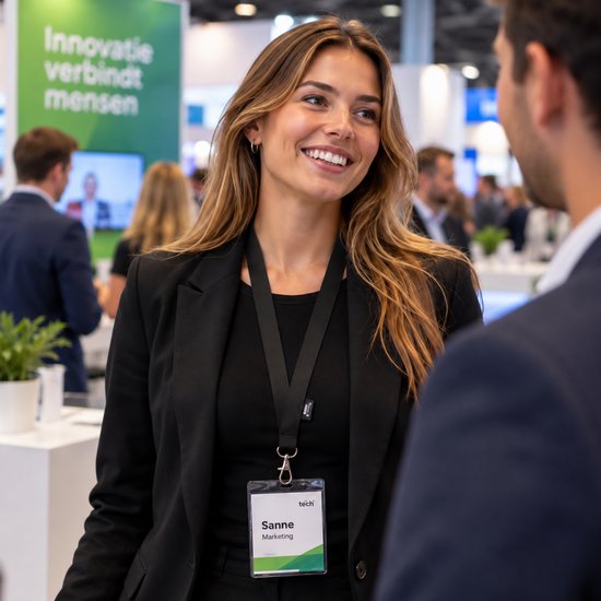 Vrouw draagt een zwart keycord met een badgehouder waarop 'Sanne Marketing' staat, tijdens een beurs.