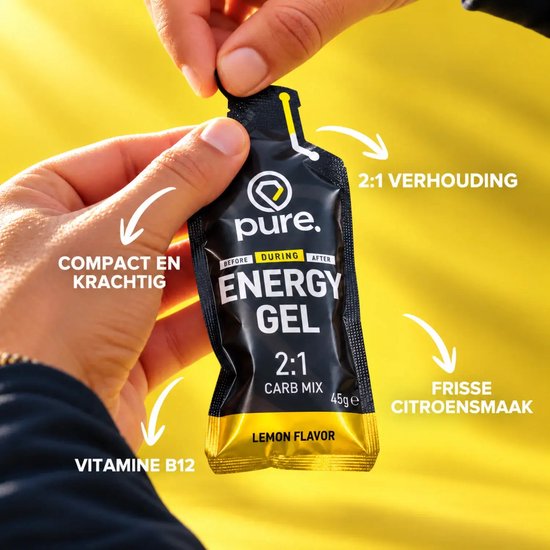Handen houden een zakje Pure. Energy Gel vast, met pijlen die de eigenschappen benoemen.