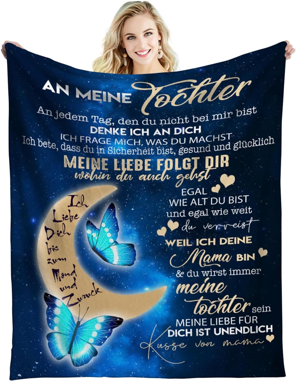 deken 101,6 x 152,4 cm - zachte wollen deken - sterrenhemel met maan en vlinders - persoonlijke boodschap voor dochter - m-winkel