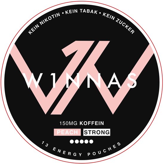 Ronde verpakking W1NNAS Peach Strong energie pouches, zwart met roze logo, 150mg cafeïne, bevat 13 pouches.