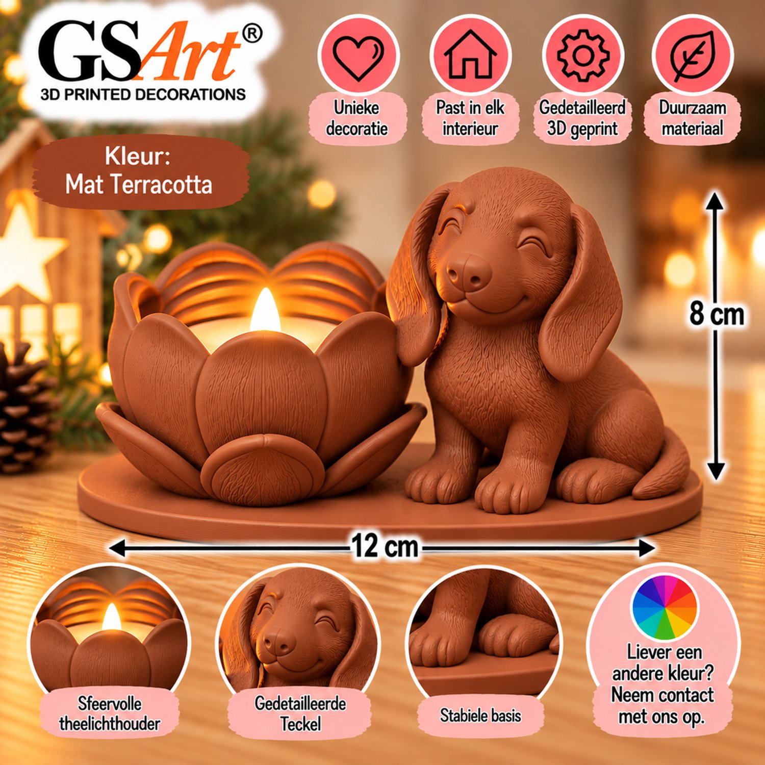 GSArt Theelichthouder Lotus Hond Teckel – Inclusief LED Theelichtje - Mat Terracotta