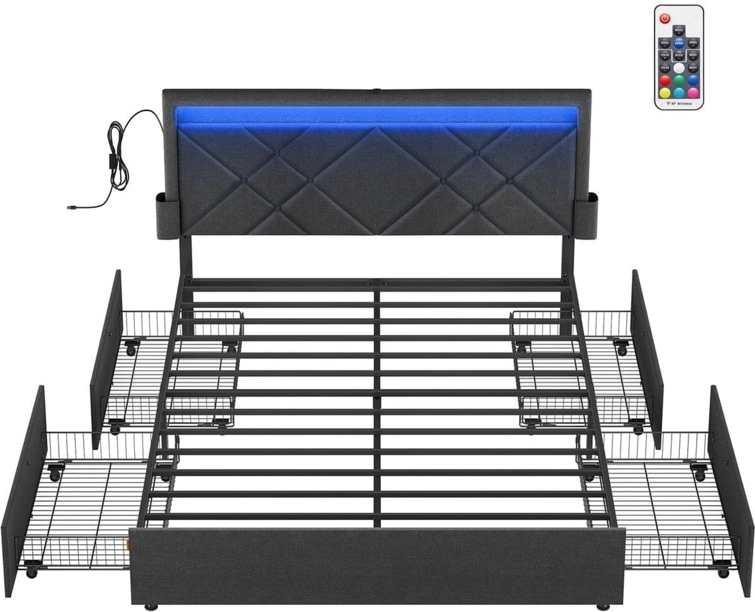 Klarven Bed Leigrijs - Verstelbaar Hoofdbord - Verlichting - 4 Lades - USB-A en USB-C Oplaadpoorten - Draagvermogen 455 kg