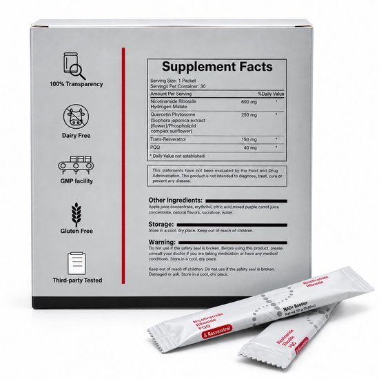 Achterzijde van de supplementdoos met voedingswaarden, iconen voor transparantie en twee zakjes ernaast.