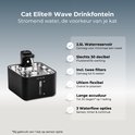 Specificatieoverzicht van de zwarte Cat Elite drinkfontein met 2,5 liter inhoud en diverse functies.