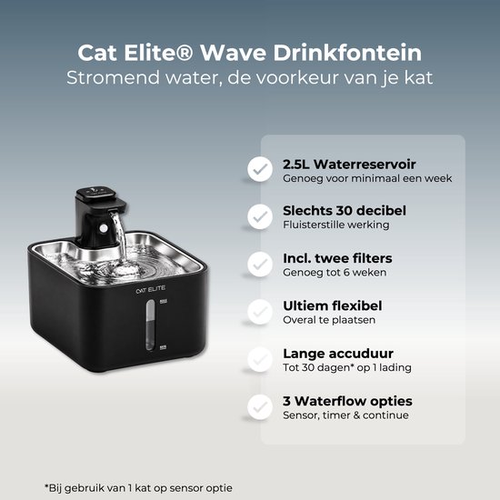 Specificatieoverzicht van de zwarte Cat Elite drinkfontein met 2,5 liter inhoud en diverse functies.