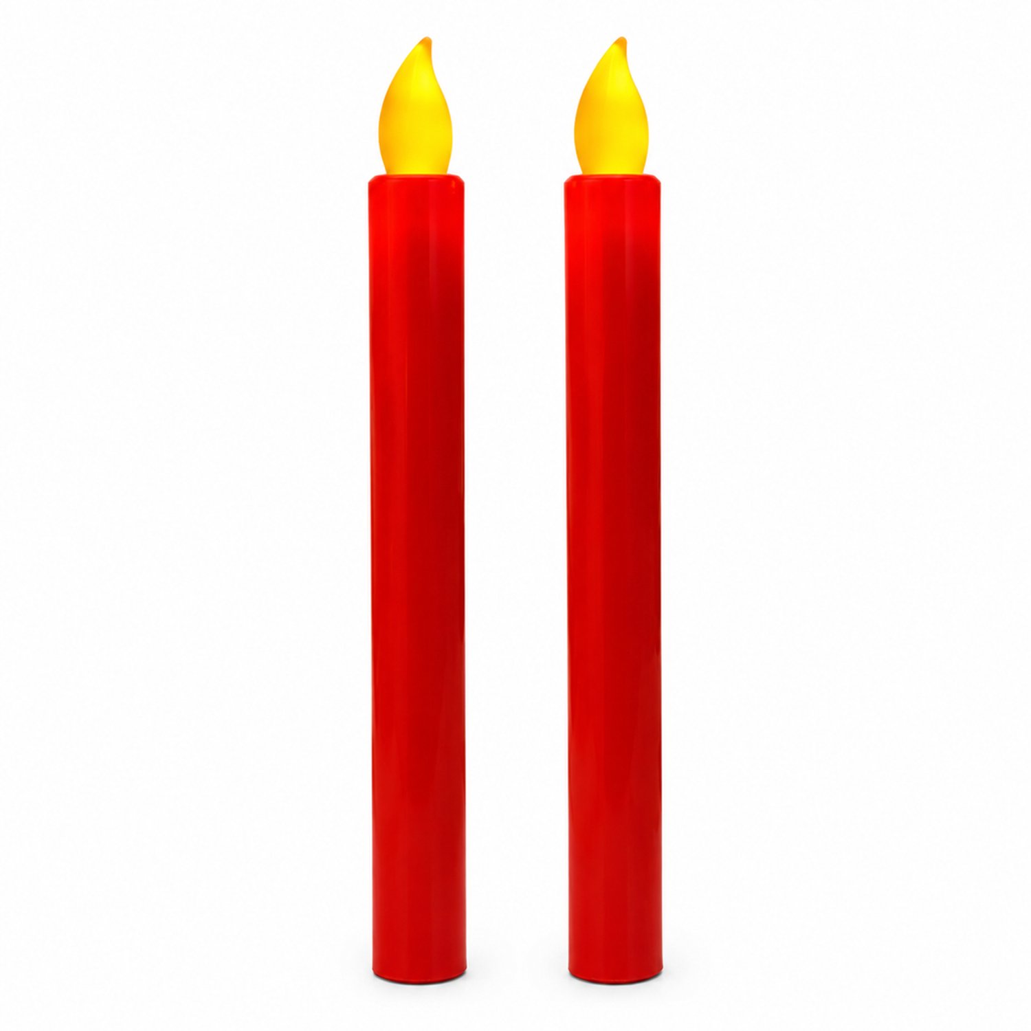 led kaarsen, set van 2, rood, lange kaarsvorm met warmgele vlamvormige top, 22.5 cm hoog en 2.3 cm breed