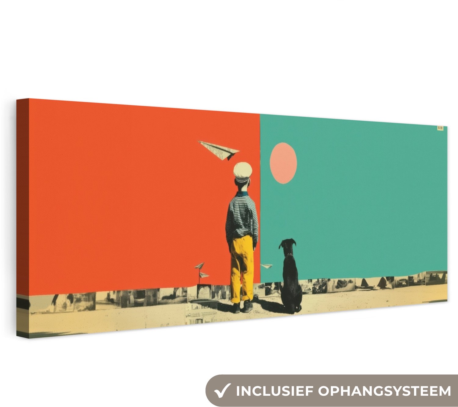 Canvas schilderij 90x30 cm - Exclusieve wanddecoratie Retro - Jongen - Hond - Rood - Groen - Muurdecoratie woonkamer - Slaapkamer decoratie - Kamer accessoires - Schilderijen op canvas